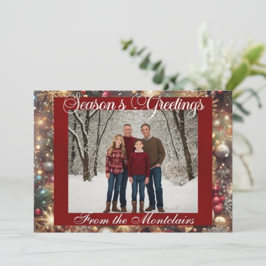 Ornamenten, Silver Script & ingelijste foto - Rood Feestdagenkaart (Staand voorkant)