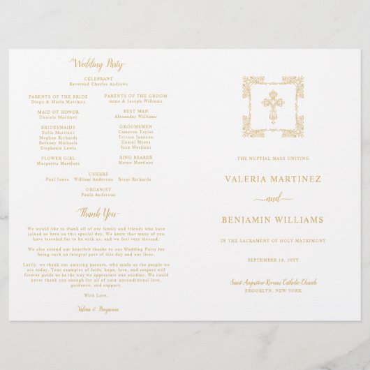 Ornat Gold Cross Catholique Mariage Mass Programme (Devant)