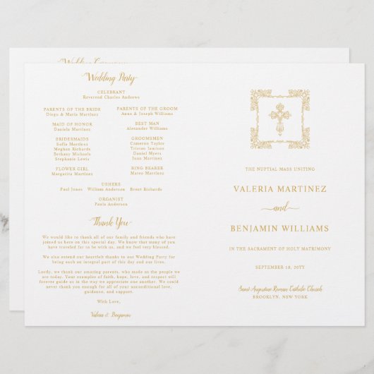 Ornat Gold Cross Catholique Mariage Mass Programme (Devant / Derrière)