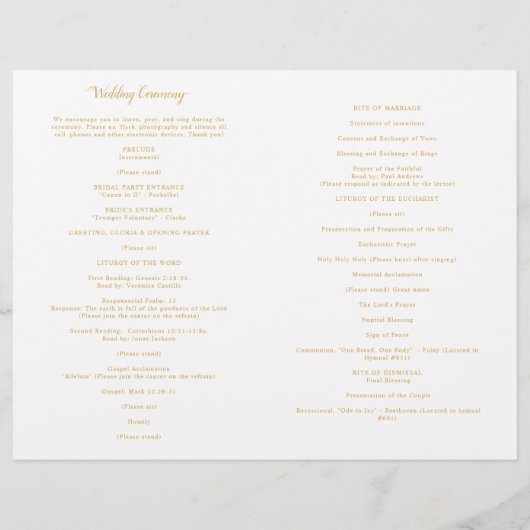 Ornat Gold Cross Catholique Mariage Mass Programme (Dos)