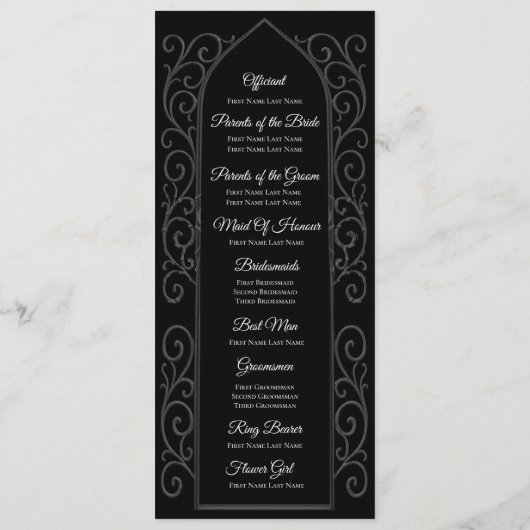 Ornate black and white Gothic Wedding Program Menu (Achterkant)