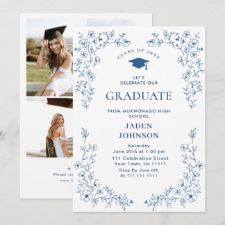 Ornate Blue Floral Grace 4 Photo Graduation Party Kaart