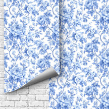 Ornate Blue French Toile Roses Floral Wallpaper