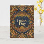 Ornate Blue Gold Scrollwork Happy Labor Day Kaart (Gele Bloem)