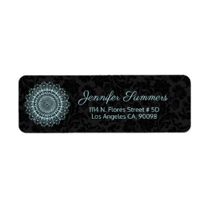 Ornate blue mandala on black damask background etiket