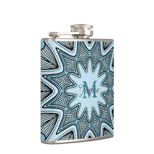 Ornate Blue Monogram Mandala Personalised Heupfles (Rechts)