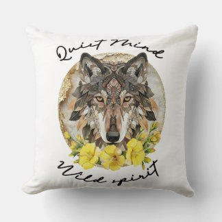 Ornate Boho Wolf with Yellow Flowers Kussen