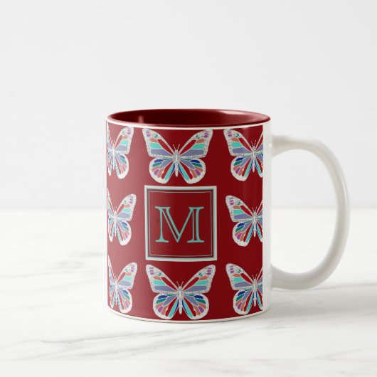 Ornate Butterflies Burgundy Pattern Monogram Tweekleurige Koffiemok (Rechts)