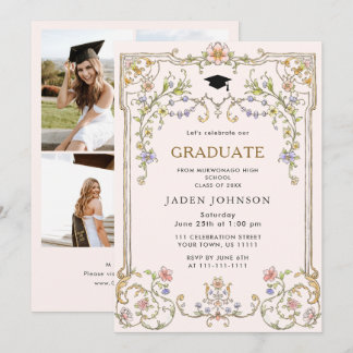 Ornate Floral Grace Boho 4 Photo Graduation Party Kaart