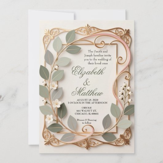 Ornate Gold Scrollwork Pink Botanical Wedding  Kaart (Voorkant)