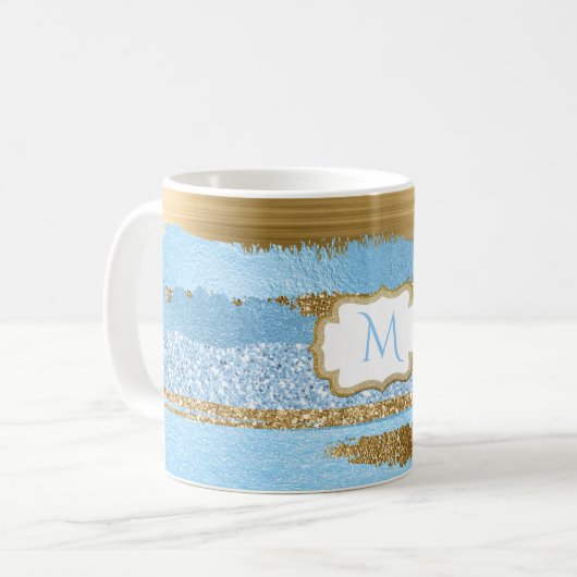 Ornate Moderne Bleu et Or Monogramme Mug (Devant gauche)