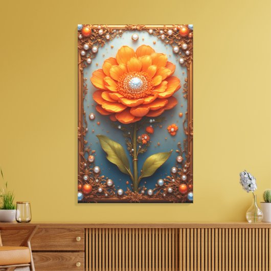 Ornate Orange Flower Artwork in Gold Frame Canvas Afdruk (Insitu (Woonkamer))