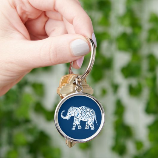 Ornate Patterned Blue Elephant Sleutelhanger (Hand)