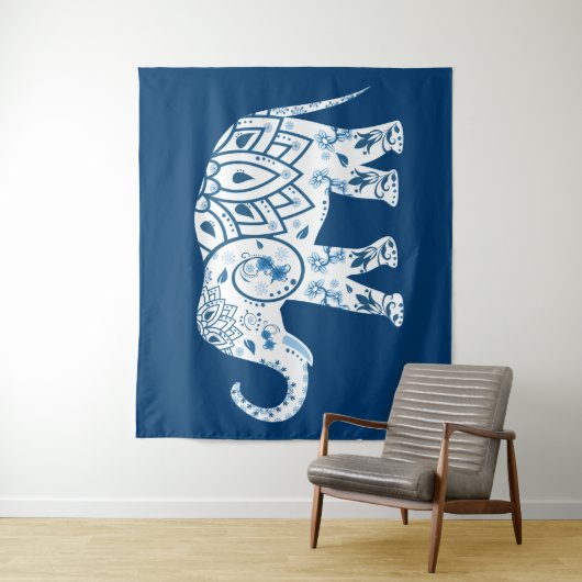 Ornate Patterned Blue Elephant Wandkleed (In situ)