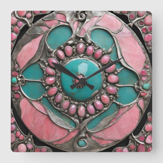 Ornate Tourmaline & Turquoise Art in Silver Vierkante Klok (Voorkant)
