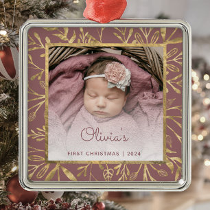 Ornement Carré Argenté 1er Noël de bébé Photo Feuillage Rose Poussiéreux