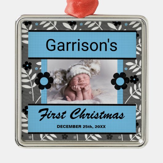 Ornement Carré Argenté 1er Noël du bébé en bleu et noir (Devant)