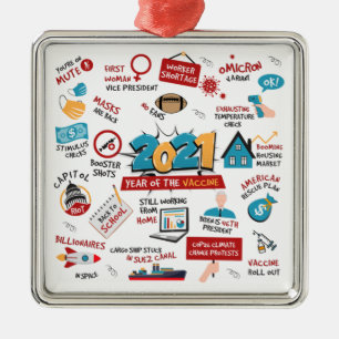Ornement Carré Argenté 2021 Année du vaccin Événements Fêtes Arbre de Noë