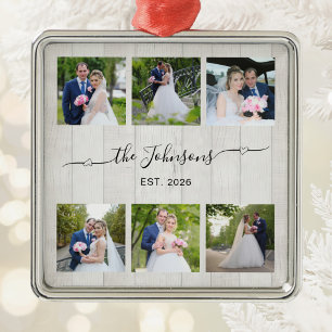 Ornement Carré Argenté 6 Photo de mariage Cœur Swash Signature Bois Blanc