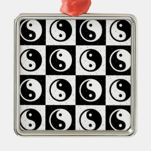 Ornement Carré Argenté À damiers blanc noir Yin-yang Zen Block Imprimer