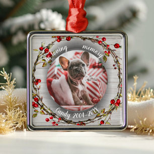 Ornement Carré Argenté Adorable Rustic Chat Pet Memorial Photo personnali