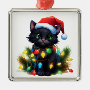 ORNEMENT CARRÉ ARGENTÉ ADORAIT CHATON NOIR FÊTE DE NOËL LUMIÈRES
