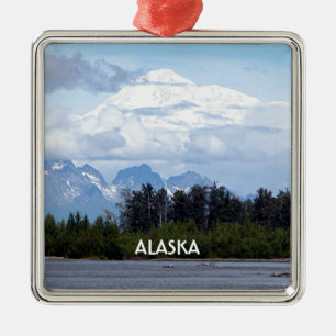 Ornement Carré Argenté Alaska : Denali, Mt McKinley, de la rivière, Éta