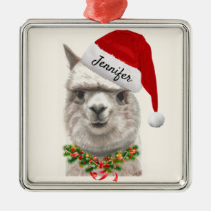 Ornement Carré Argenté Alpaca Smiles ADD NAME Llama Christmas Tree