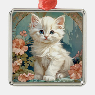 Ornement Carré Argenté Alphonse Mucha Style Chat blanc
