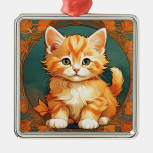 Ornement Carré Argenté Alphonse Mucha Style Chat orange