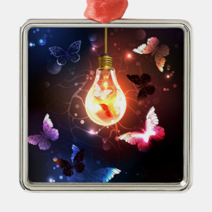 Ornement Carré Argenté Ampoule lumineuse avec papillons nocturnes