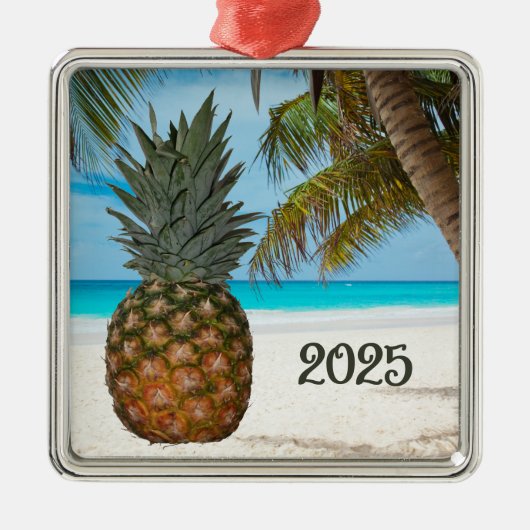Ornement Carré Argenté Ananas, Plage, Palmier, Océan, (Devant)