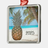 Ornement Carré Argenté Ananas, Plage, Palmier, Océan, (Gauche)