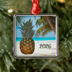 Ornement Carré Argenté Ananas, Plage, Palmier, Océan,