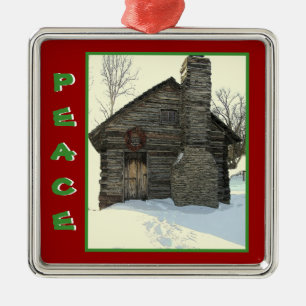 ORNEMENT CARRÉ ARGENTÉ "ANCIEN JOURNAL CABINE DANS LA NEIGE" ORNAMENT DE