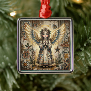 Ornement Carré Argenté Ange de Noël en papier découpé vintage