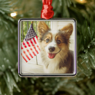 Ornement Carré Argenté Animaux de bébés cutest American Flag Corgi