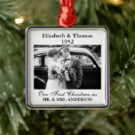 Ornement Carré Argenté Année photo mariage Mémoire rétro noir et blanc<br><div class="desc">Mariage de mariée et de chambre Photo et l'année de l'ornement de mémoire. Parfait pour se souvenir de votre grand jour ou pour offrir un cadeau pour célébrer un anniversaire de parents, de grands-parents et d'autres membres de votre famille. Prenez cette photo de mariage noire et blanche, rétro, vintage et...</div>