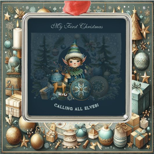 Ornement Carré Argenté Appel à tous les elfes Flugins de neige Mon premie