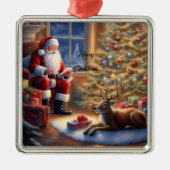 Ornement Carré Argenté Après le travail - Père Noël et son renne (Devant)