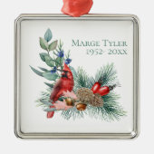 Ornement Carré Argenté Aquarelle Cardinal Pine Branche Souvenir (Devant)