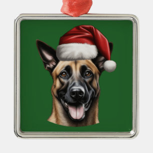 Ornement Carré Argenté Aquarelle Noël Malinois belge
