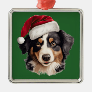 Ornement Carré Argenté Aquarelle Noël miniature American Shepherd