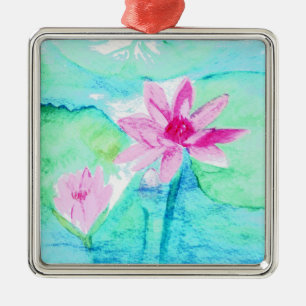 Ornement Carré Argenté Aquarelle Pastel Rose Lotus Fleurs