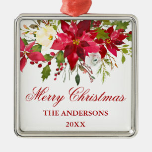 Ornement Carré Argenté Aquarelle Rouge Poinsettia Floral Carré