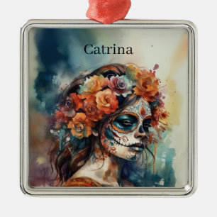 Ornement Carré Argenté Aquarelle vive Dia de los Muertos Catrina