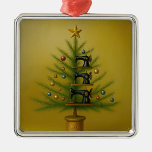 Ornement Carré Argenté Arbre de Noël en machine à coudre Joyeux Noël Craf