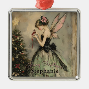 Ornement Carré Argenté Arbre de Noël Vintage Personnalisé