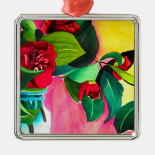 Ornement Carré Argenté art floral de camélias rouges