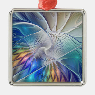 Ornement Carré Argenté Art Fractal Floral, Fleur Abstraite colorée